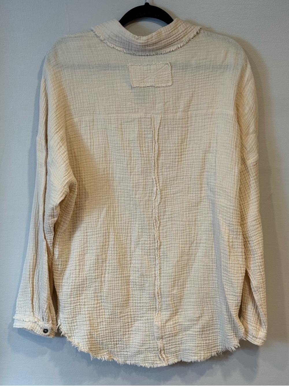 Zenana Boutique Gauze Button Down Roll-Up Long Sleeve Shirt Light Beige Medium - Picture 3 of 5